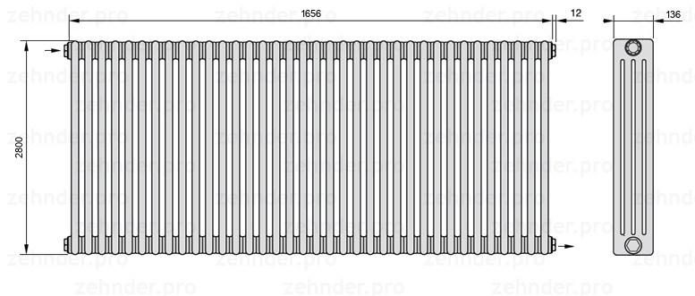 Схема (чертеж) Радиатор Zehnder Charleston 4280/36 №1670 Белый глянцевый RAL 9016
